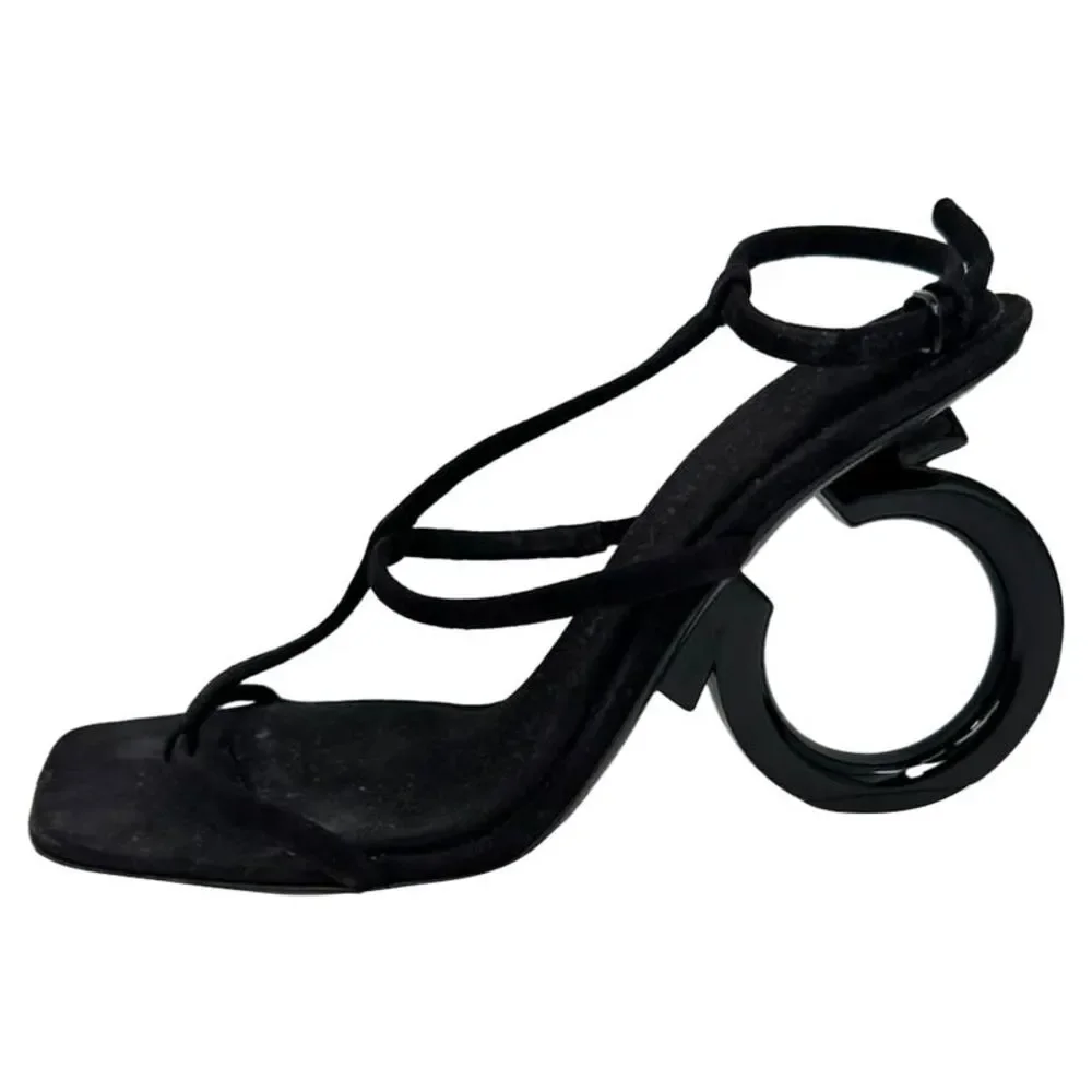 Ferragamo Elina Sandal Heels in Black Goat Suede